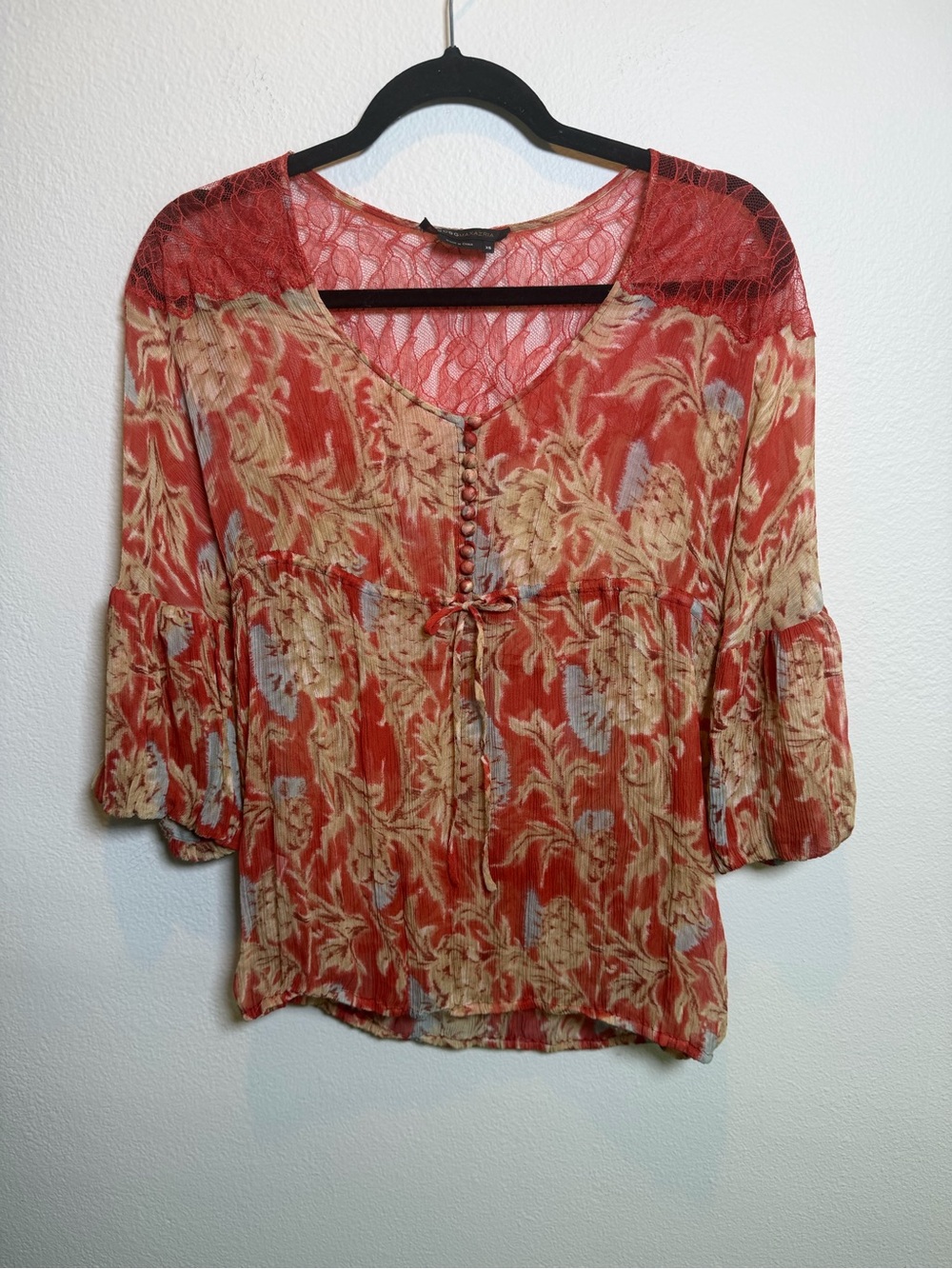 BCBGMaxAzria 100% Silk Sheer Rust Red Floral Lace-Yoke Blouse Y2K VTG Size XS